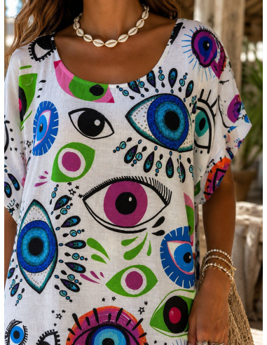 Vestido de Lino Blanco con Estampado de Ojos