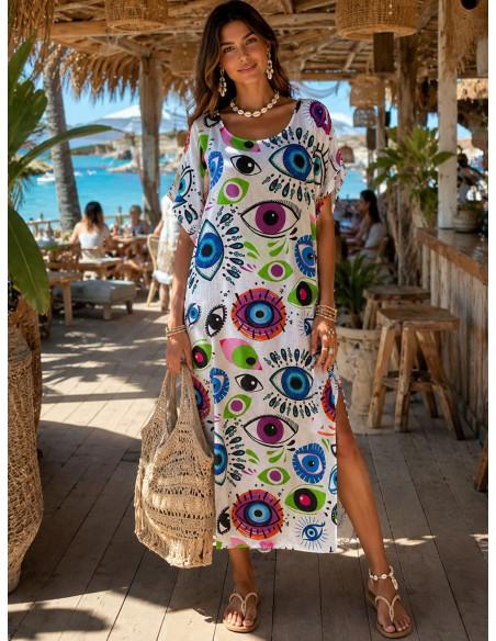 Vestido de Lino Blanco con Estampado de Ojos