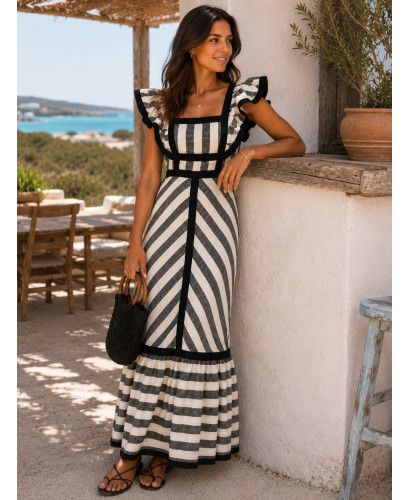 Vestido Largo de Rayas Beige y negro con Volantes 2