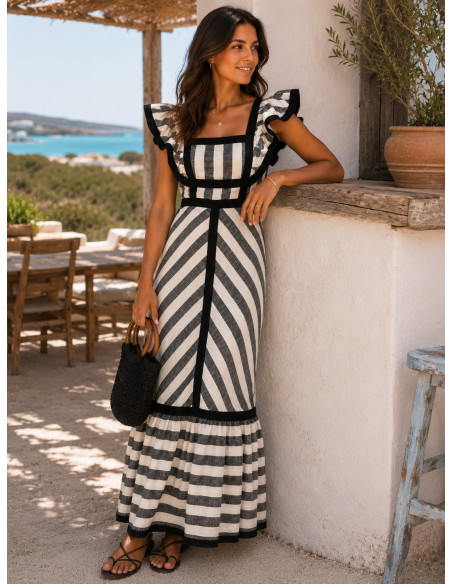 Vestido Largo de Rayas Beige y negro con Volantes