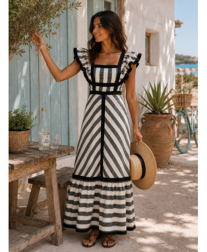Vestido Largo de Rayas Beige y negro con Volantes