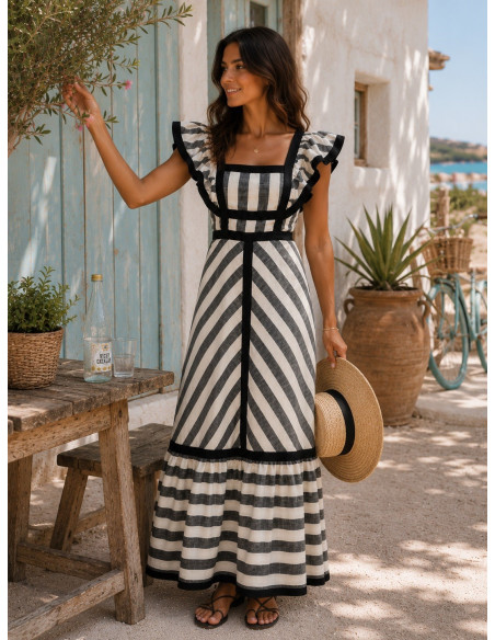 Vestido Largo de Rayas Beige y negro con Volantes