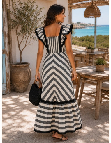 Vestido Largo de Rayas Beige y negro con Volantes