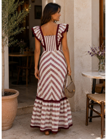 Vestido Largo de Rayas Beige y granate con Volantes