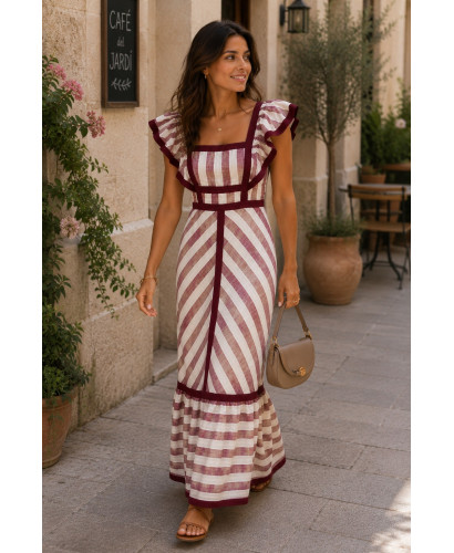 Vestido Largo de Rayas Beige y granate con Volantes 2