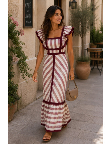Vestido Largo de Rayas Beige y granate con...