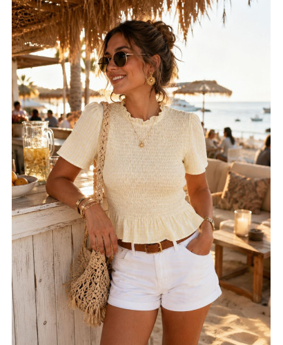 Blusa Amarilla Rayas con Nido de Abeja manga corta