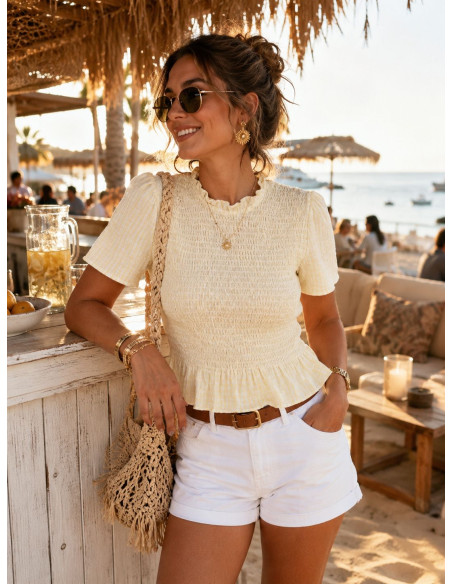 Blusa Amarilla Rayas con Nido de Abeja manga corta