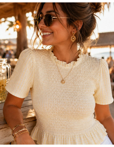 Blusa Amarilla Rayas con Nido de Abeja manga corta