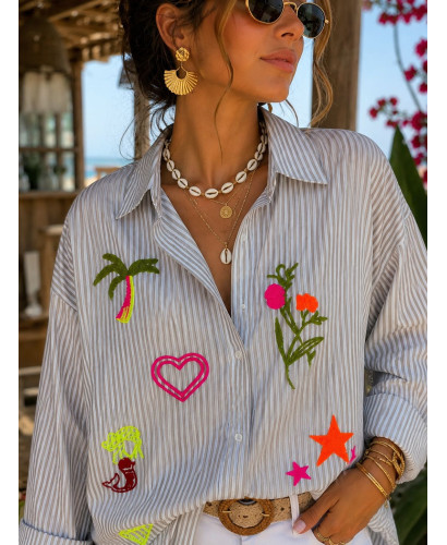 Camisa navy tostado y blanca con bordados flúor 2