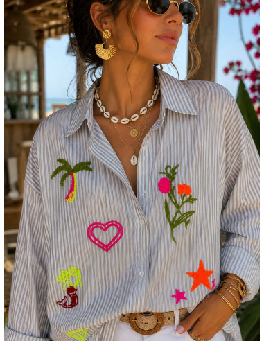 Camisa navy tostado y blanca con bordados flúor