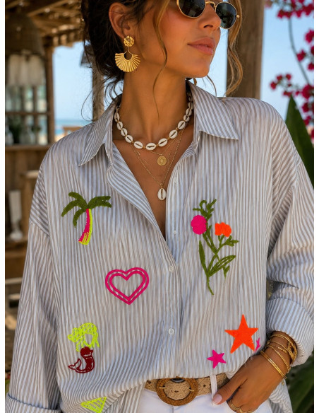 Camisa navy tostado y blanca con bordados flúor