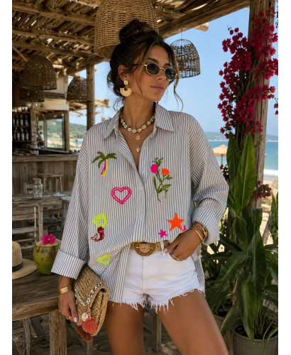 Camisa navy tostado y blanca con bordados flúor