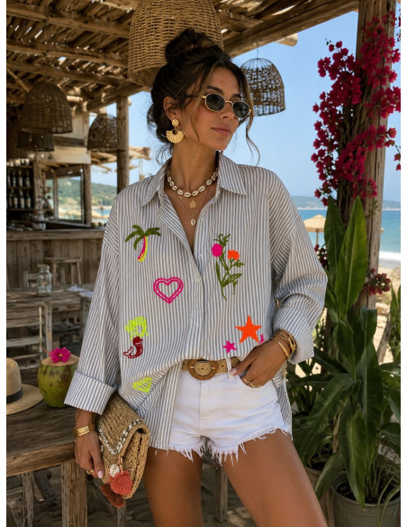 Camisa navy tostado y blanca con bordados flúor