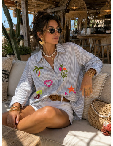Camisa navy tostado y blanca con bordados flúor