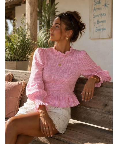 Blusa Rosa Vichy con Nido de Abeja