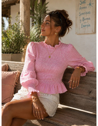 Blusa Rosa Vichy con Nido de Abeja