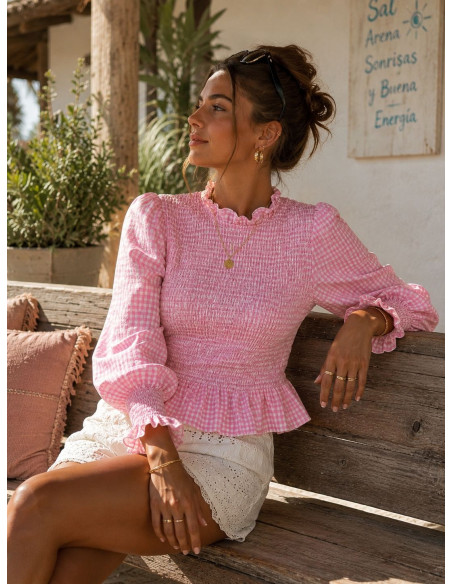 Blusa Rosa Vichy con Nido de Abeja