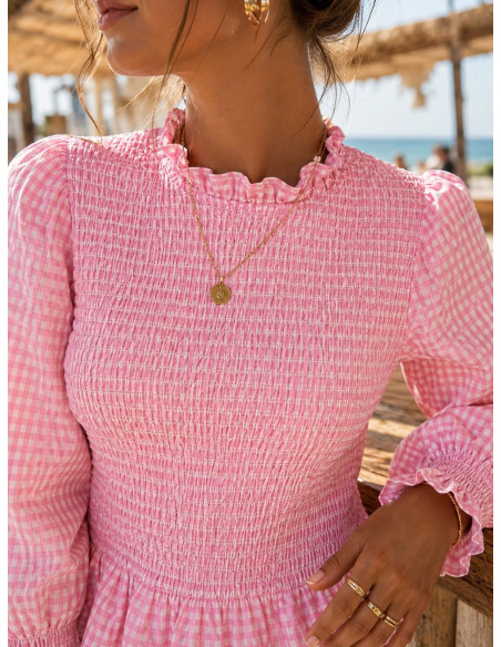 Blusa Rosa Vichy con Nido de Abeja