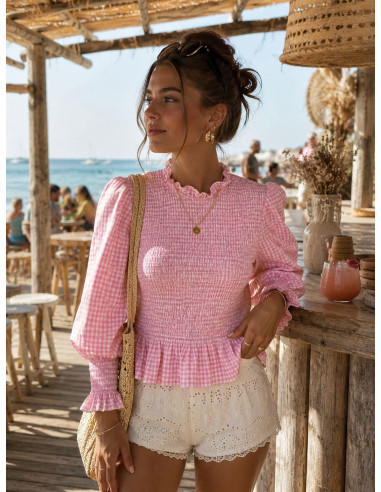 Blusa Rosa Vichy con Nido de Abeja