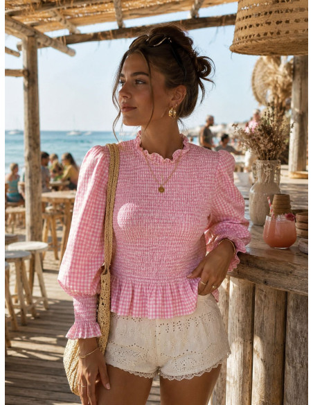 Blusa Rosa Vichy con Nido de Abeja