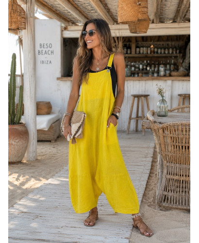 Mono baggy de lino amarillo con bolsillos laterales