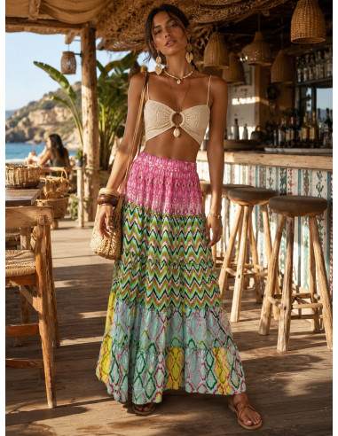 🌸✨ Falda Larga Estampada verde y turquesa:...