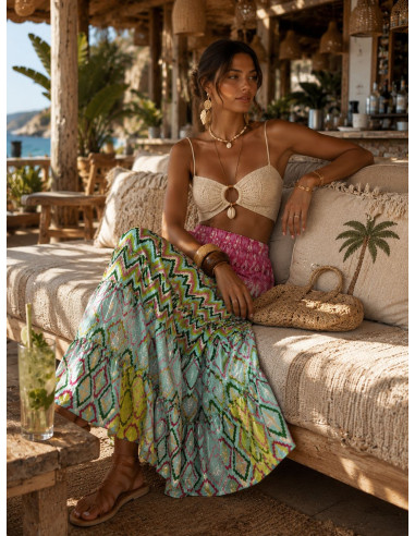🌸✨ Falda Larga Estampada verde y turquesa:...