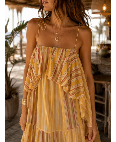 Vestido Largo de Gasa Mostaza con Volantes 2