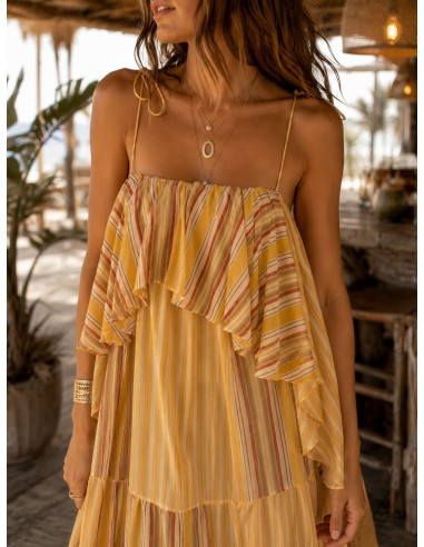 Vestido Largo de Gasa Mostaza con Volantes