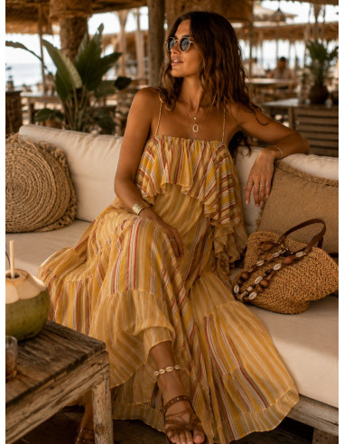 Vestido Largo de Gasa Mostaza con Volantes