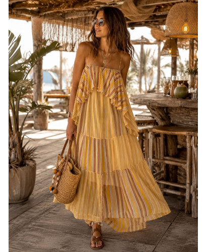 Vestido Largo de Gasa Mostaza con Volantes