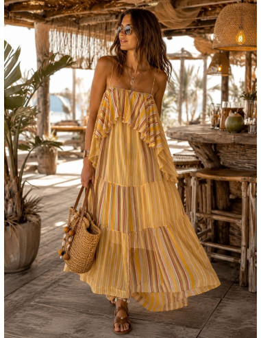 Vestido Largo de Gasa Mostaza con Volantes