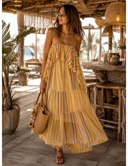Vestido Largo de Gasa Mostaza con Volantes