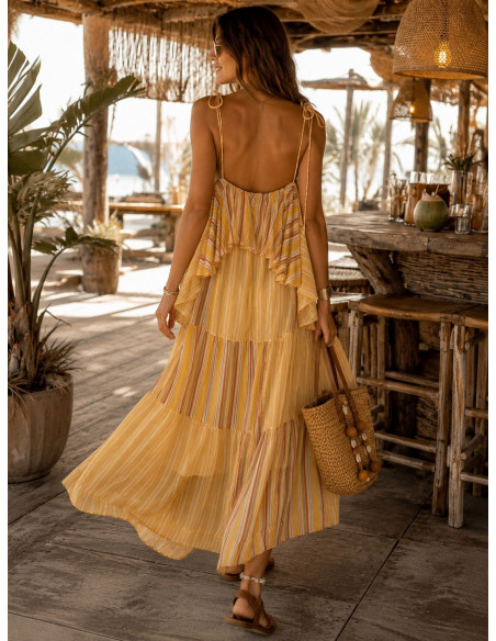 Vestido Largo de Gasa Mostaza con Volantes