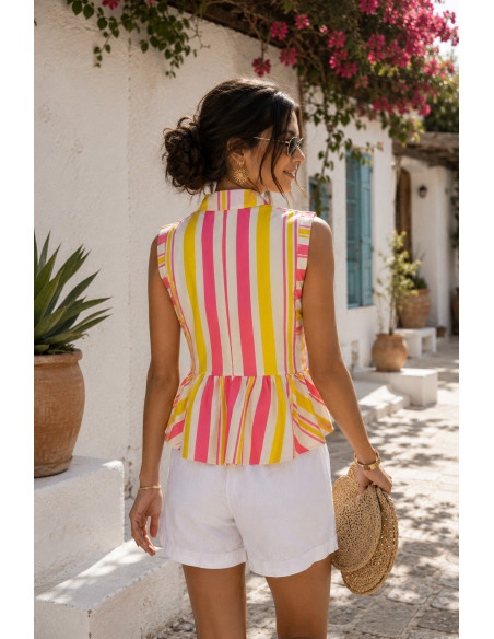 Blusa de lino con rayas multicolor amarillo