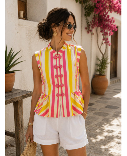 Blusa de lino con rayas multicolor amarillo