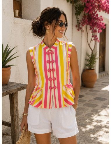 Blusa de lino con rayas multicolor amarillo