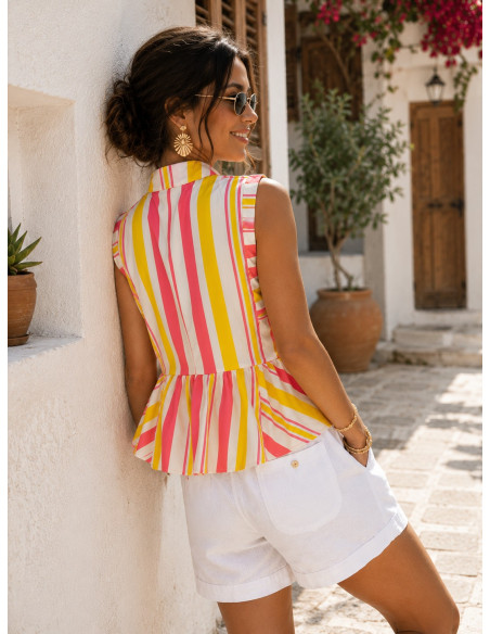 Blusa de lino con rayas multicolor amarillo
