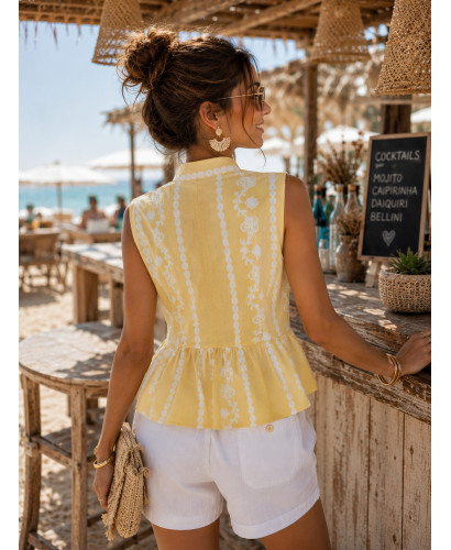 Blusa de lino amarillo con dibujo en blanco 2