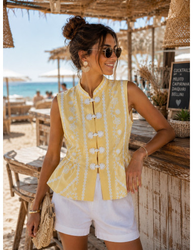 Blusa de lino amarillo con dibujo en blanco