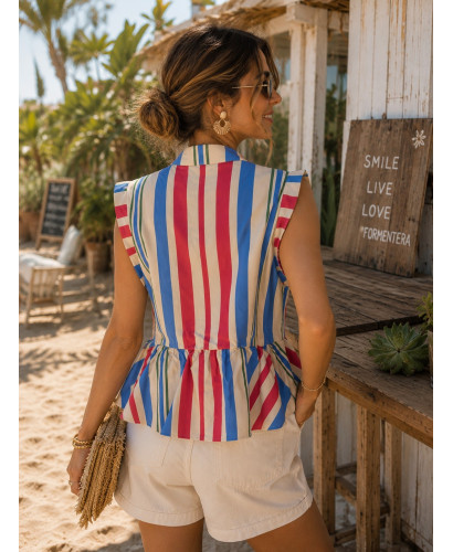 Blusa de lino con rayas en azul, crudo y rojo 2