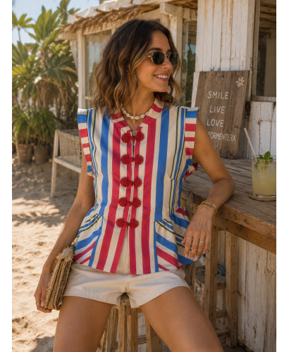 Blusa de lino con rayas en azul, crudo y rojo