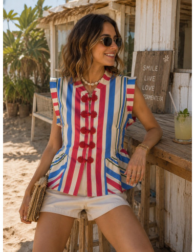 Blusa de lino con rayas en azul, crudo y rojo