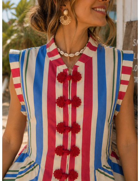 Blusa de lino con rayas en azul, crudo y rojo