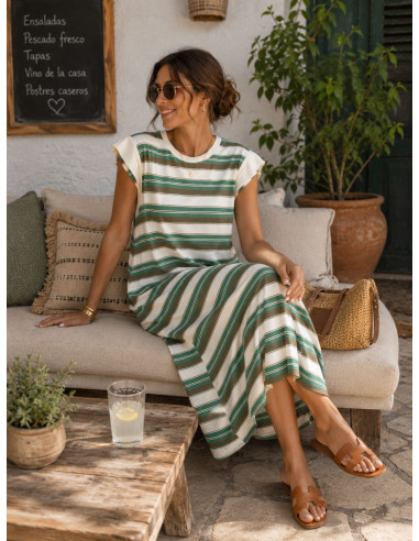 Vestido de franjas verde y crudo con bolsillos...