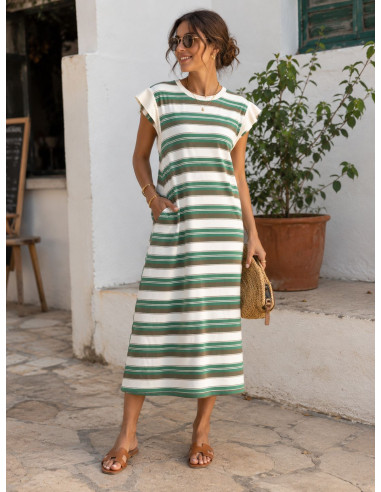 Vestido de franjas verde y crudo con bolsillos...