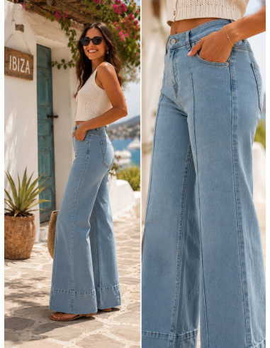 Pantalón vaquero recto de pata ancha elástico