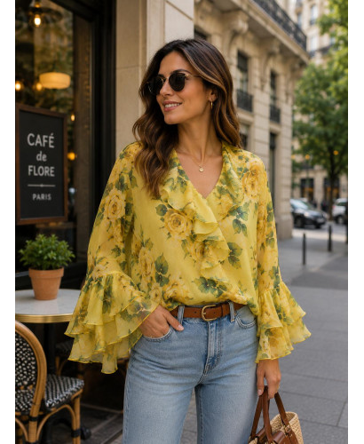 Camisa de Tencel Tipo Gasa con Volantes