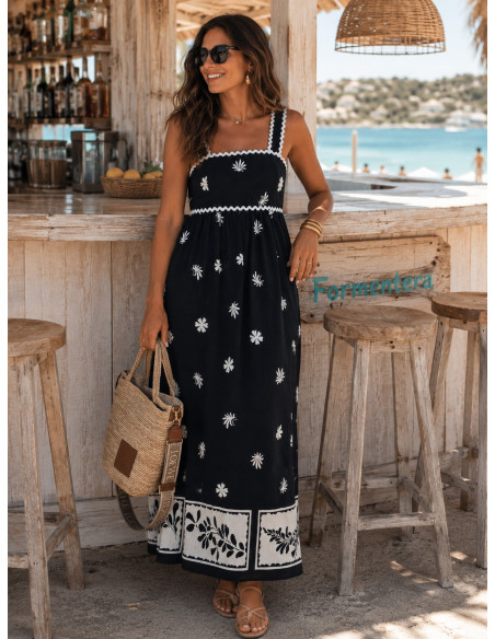 Vestido Negro con Estampado Blanco y Detalles de Piculina